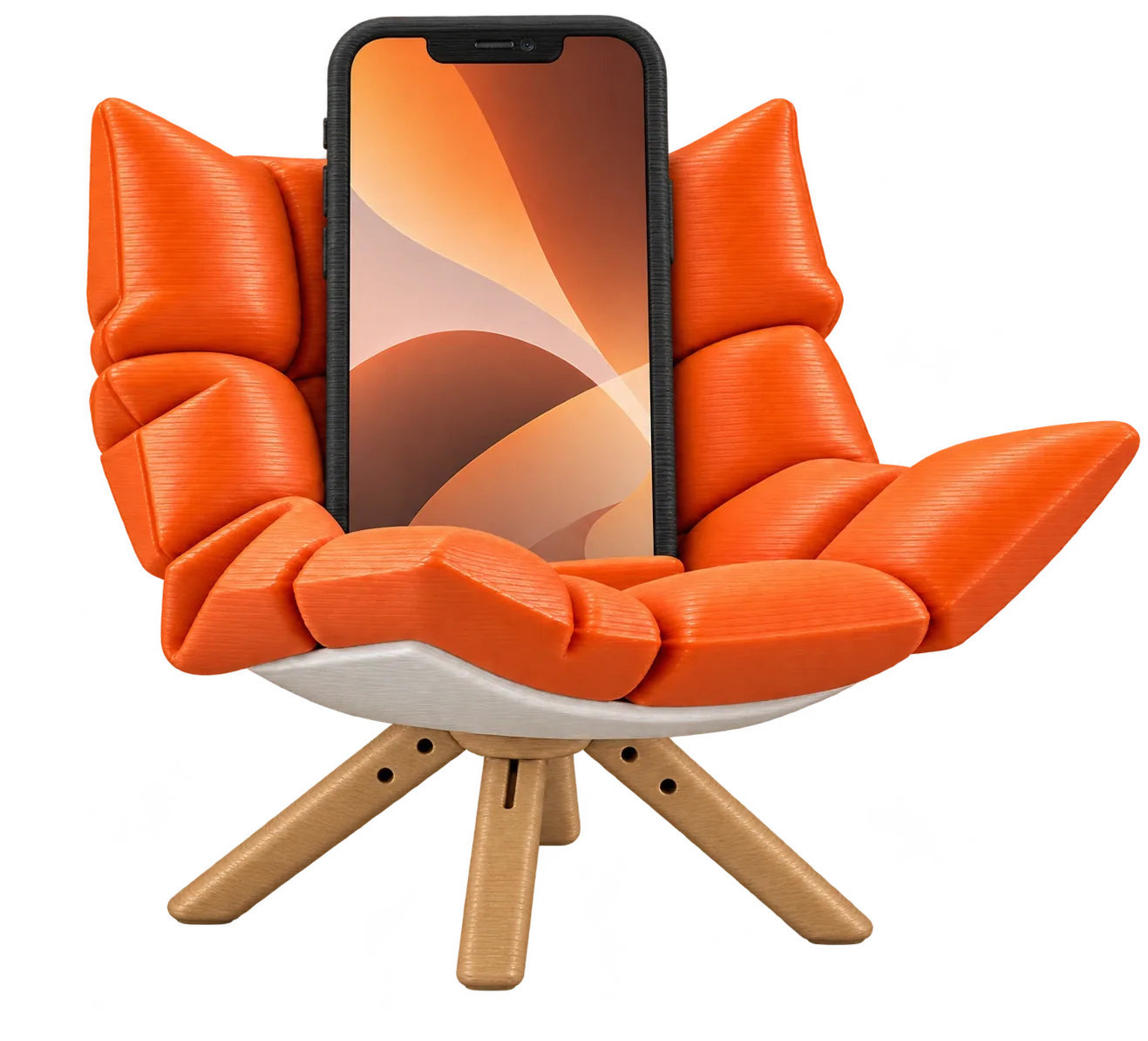 Cadeira e telemóvel com acabamento de impressão 3D