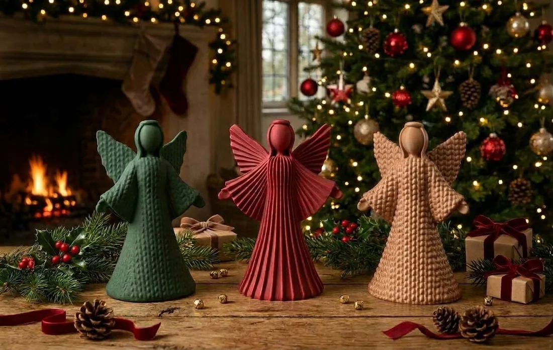 Três anjos de Natal decorativos junto à lareira e à árvore