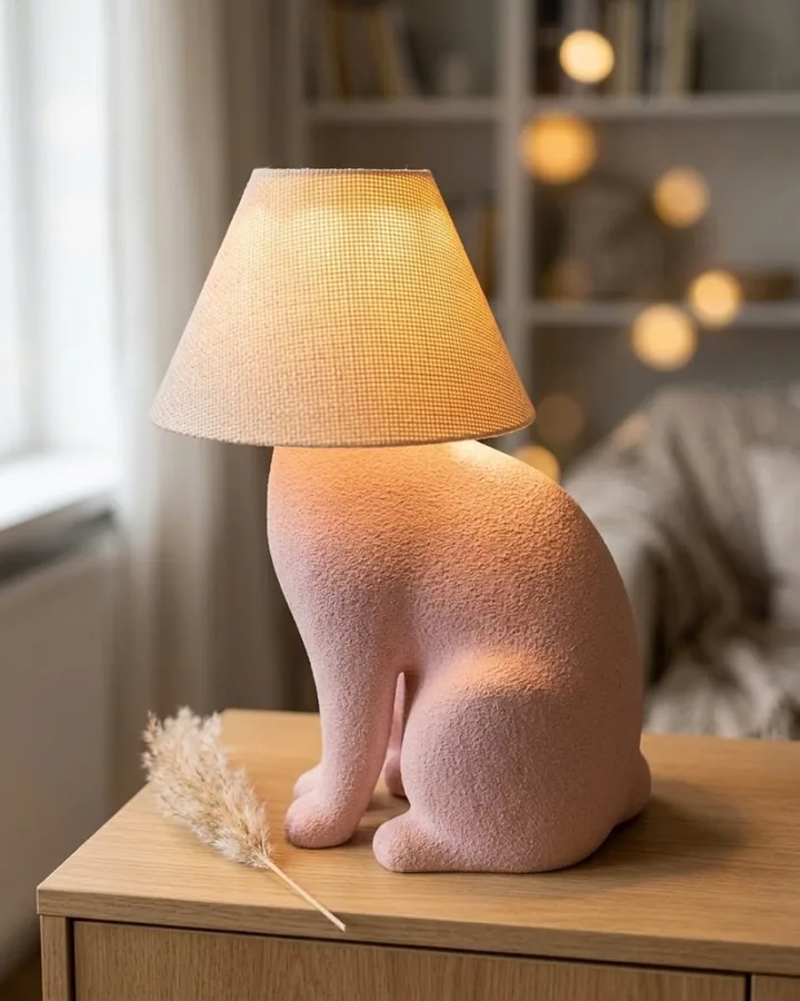 Candeeiro em forma de gato rosa com abajur