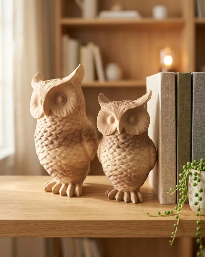 Duas corujas decorativas em tom madeira