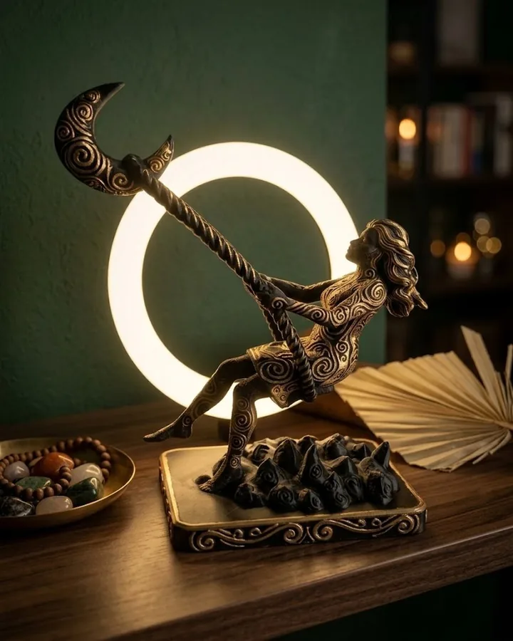 Escultura de figura num baloiço pendurado na lua