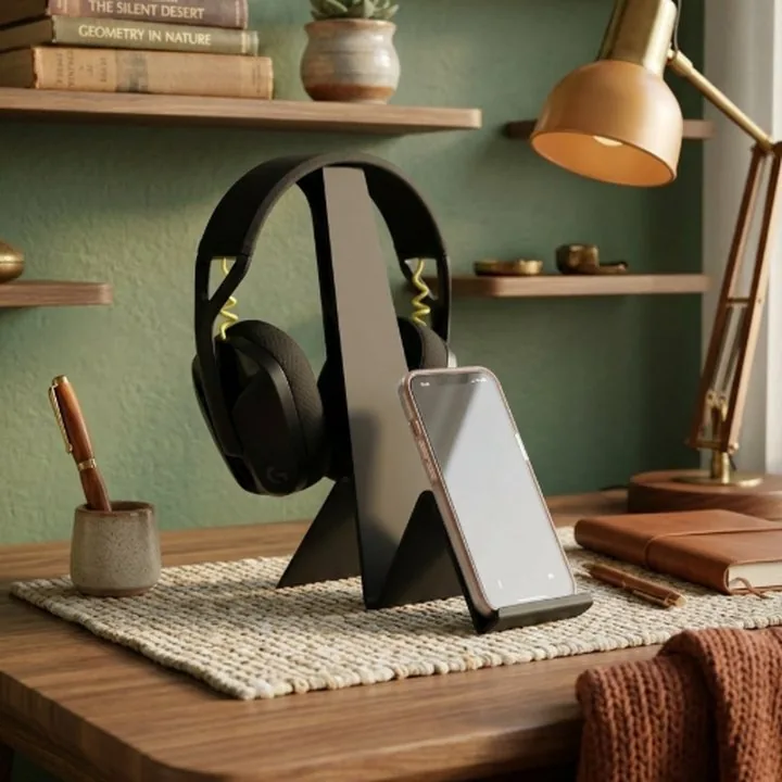 Suporte preto para auscultadores com apoio para telemóvel